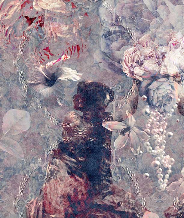 Ladies of Fleur wallpaper mural. An abstract floral and ornamental artwork featuring a dark central figure silhouette surrounded by layered flowers, pearls, chains, and soft pink, vintage-blue, grey, purple and red tones.
