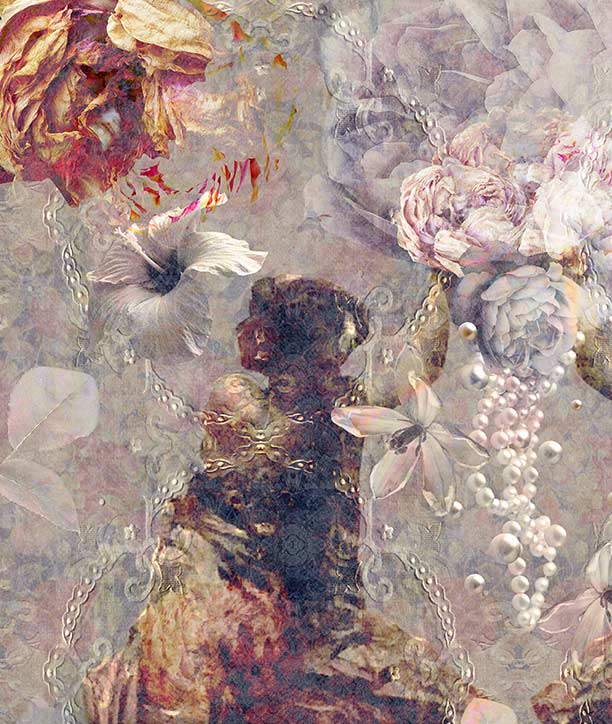 Ladies of Fleur wallpaper mural design by ATADesigns. A soft, painterly floral collage with layered roses, blossoms, pearls, and a central dark lady figure in muted pink, beige, brown, warm-buff and grey tones.