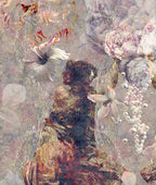 Ladies of Fleur wallpaper mural design by ATADesigns. An abstract floral mural featuring a central dark figure in layered, painterly textures with roses, butterflies, pearls, and chain motifs in muted pink, beige, brown, warm-buff and white tones.