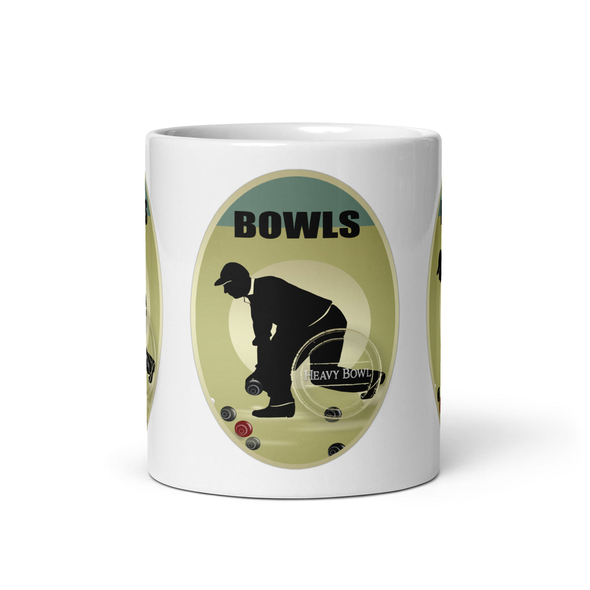 Front view of the Lawn Bowls mug, showing a black bowler silhouette, coloured bowls and “Bowls” and “Heavy Bowl” lettering.