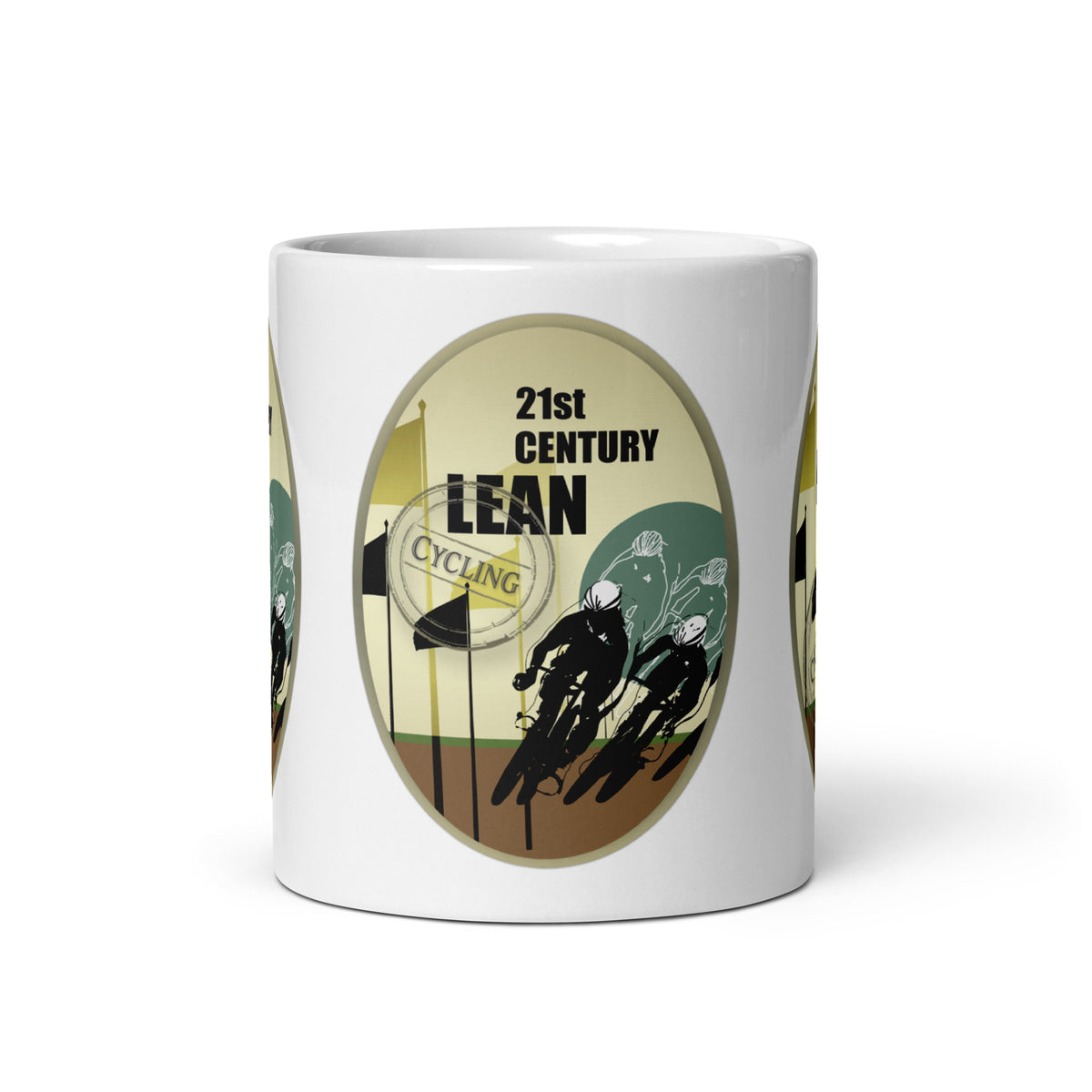 Front view of the Lean Race mug, showing cyclists leaning into a turn, race flags and “21st Century Lean” lettering.