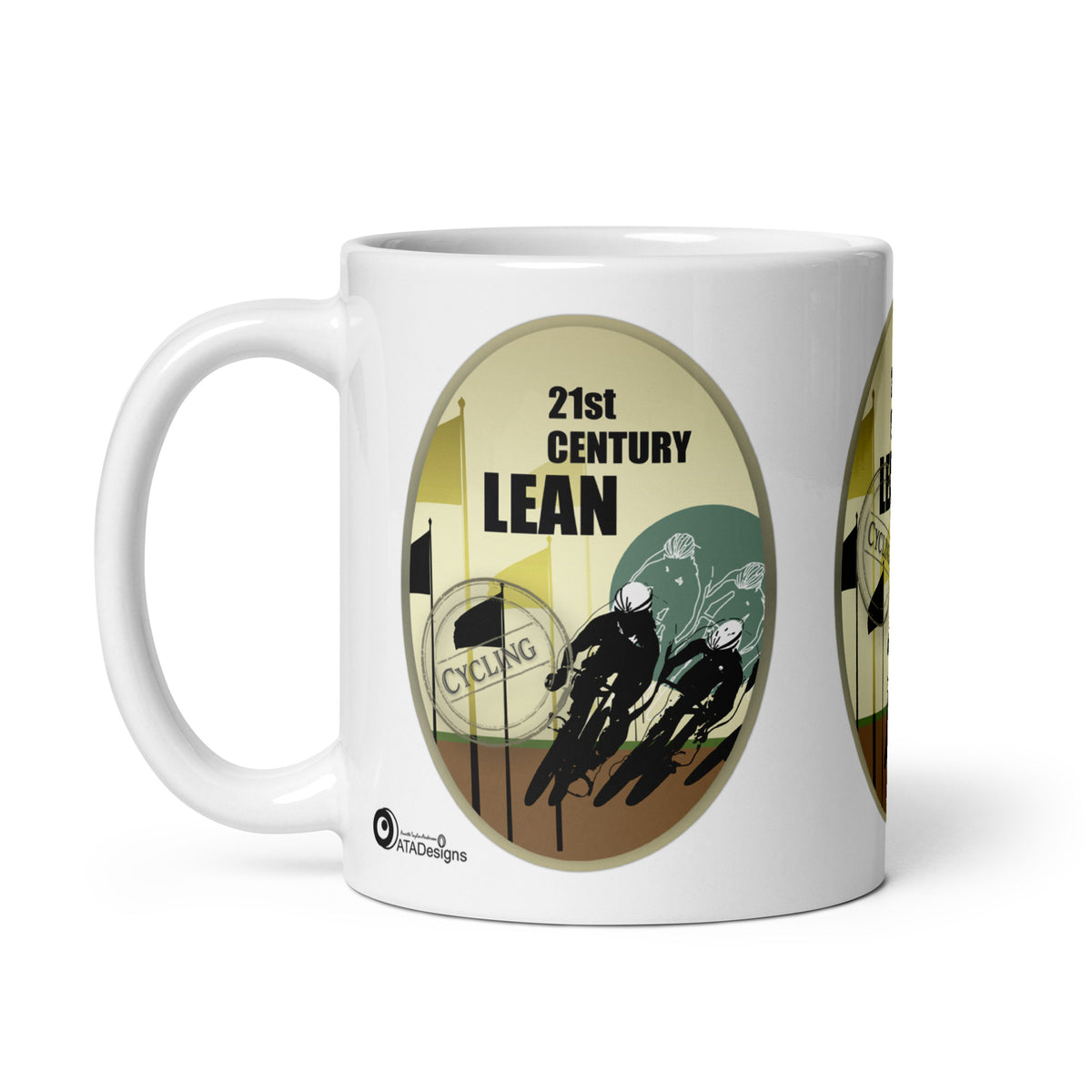 White Lean Race mug with racing cyclists, flags and “21st Century Lean” lettering on a cream background, handle on the left.