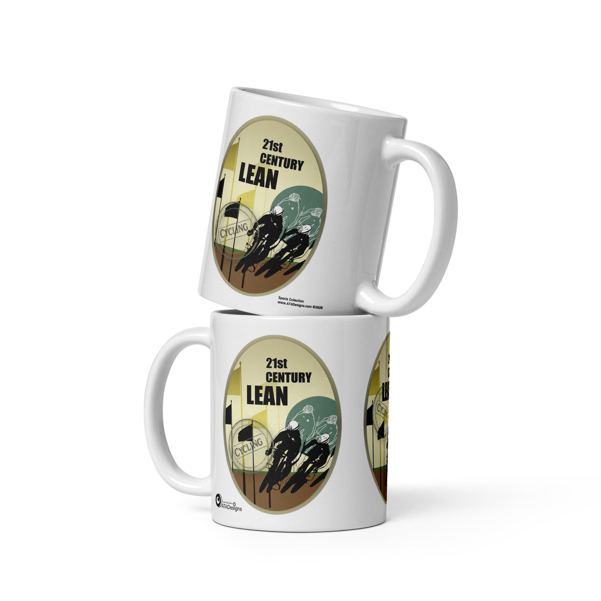Two stacked white Lean Race mugs by ATADesigns, showing racing cyclists and flags in cream, green and brown artwork.