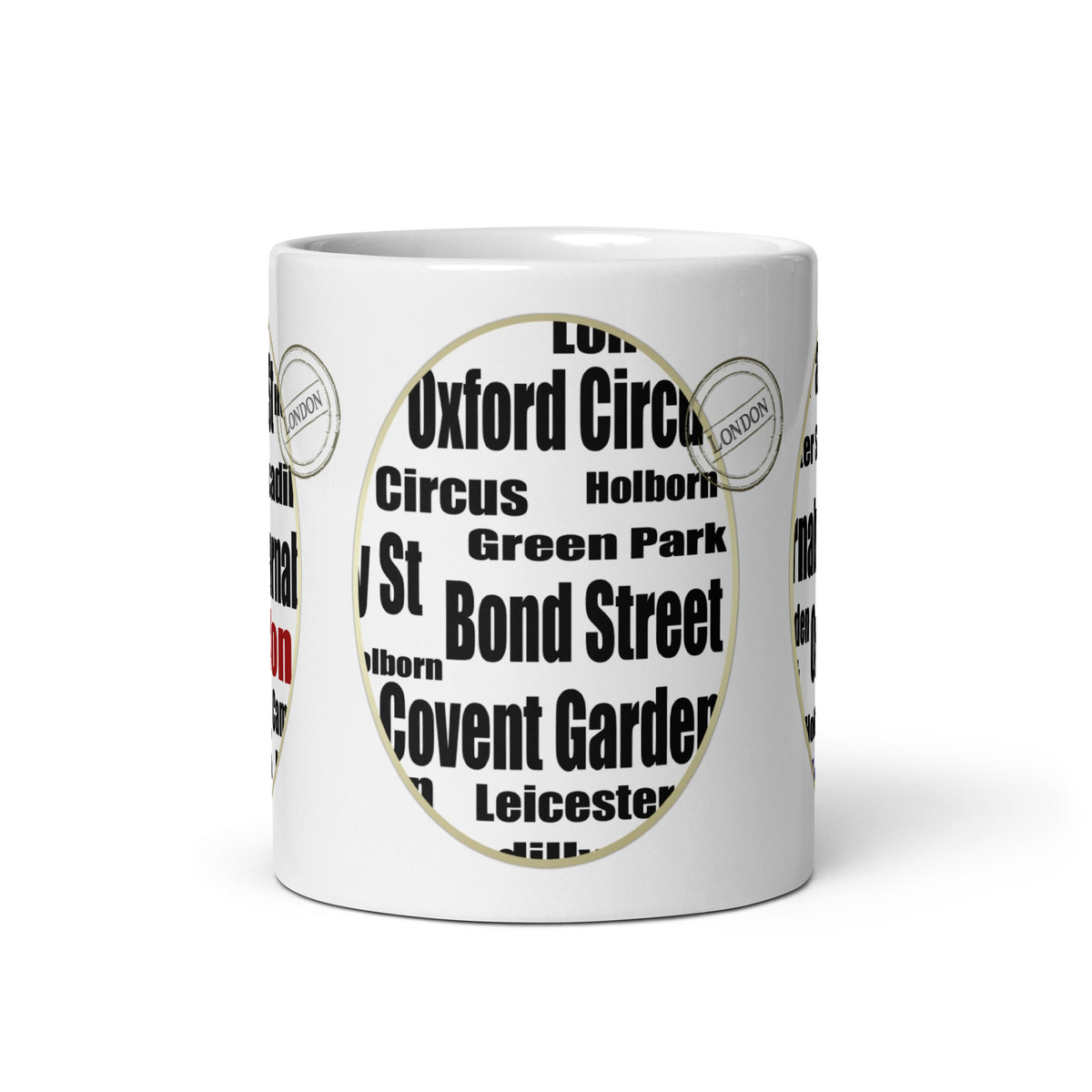 Front view of the London Street Names mug, showing Bond Street, Covent Garden, Green Park and Oxford Circus in black.
