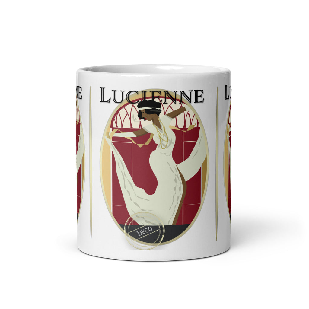 Front view of the Lucienne Art Deco mug, showing a woman in a flowing cream dress beneath “Lucienne” lettering.