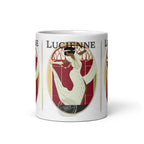 Front view of the Lucienne Art Deco mug, showing a woman in a flowing cream dress beneath “Lucienne” lettering.