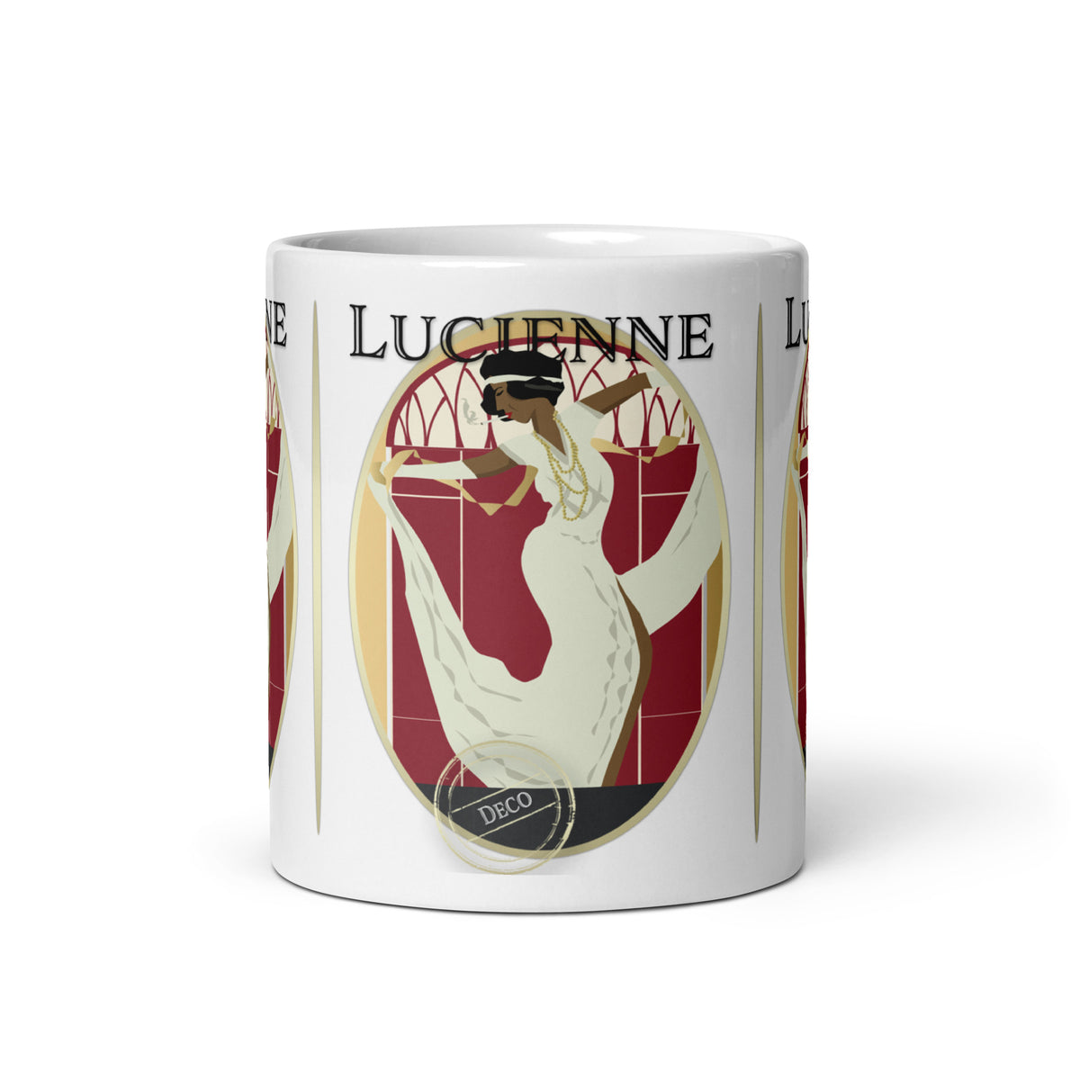 Front view of the Lucienne Art Deco mug, showing a woman in a flowing cream dress beneath “Lucienne” lettering.
