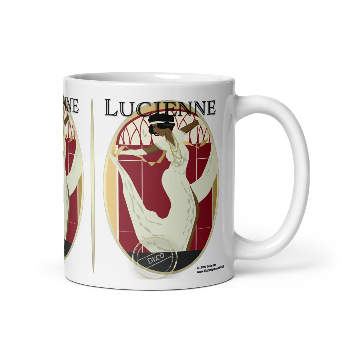 White Lucienne Art Deco mug with a woman in a flowing cream dress against a red geometric background, handle on the right.
