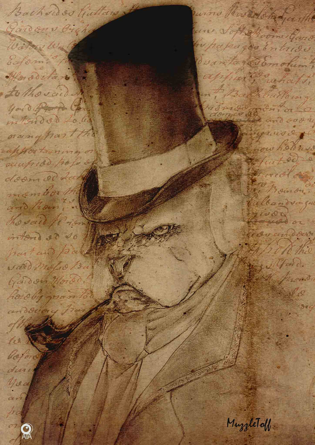 Sketch of a dog wearing a top hat on a textured paper background.  Design by ATADesigns and Arka Chergui.