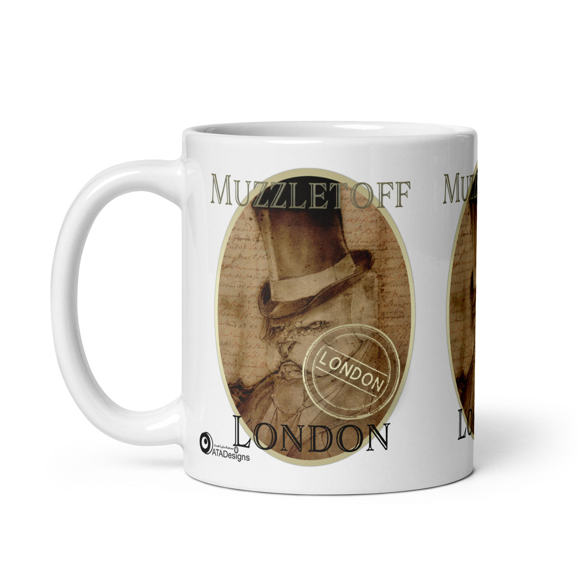  White Muzzletoff mug with a sepia character wearing a tall top hat, handwritten script and a London stamp, handle on the left.