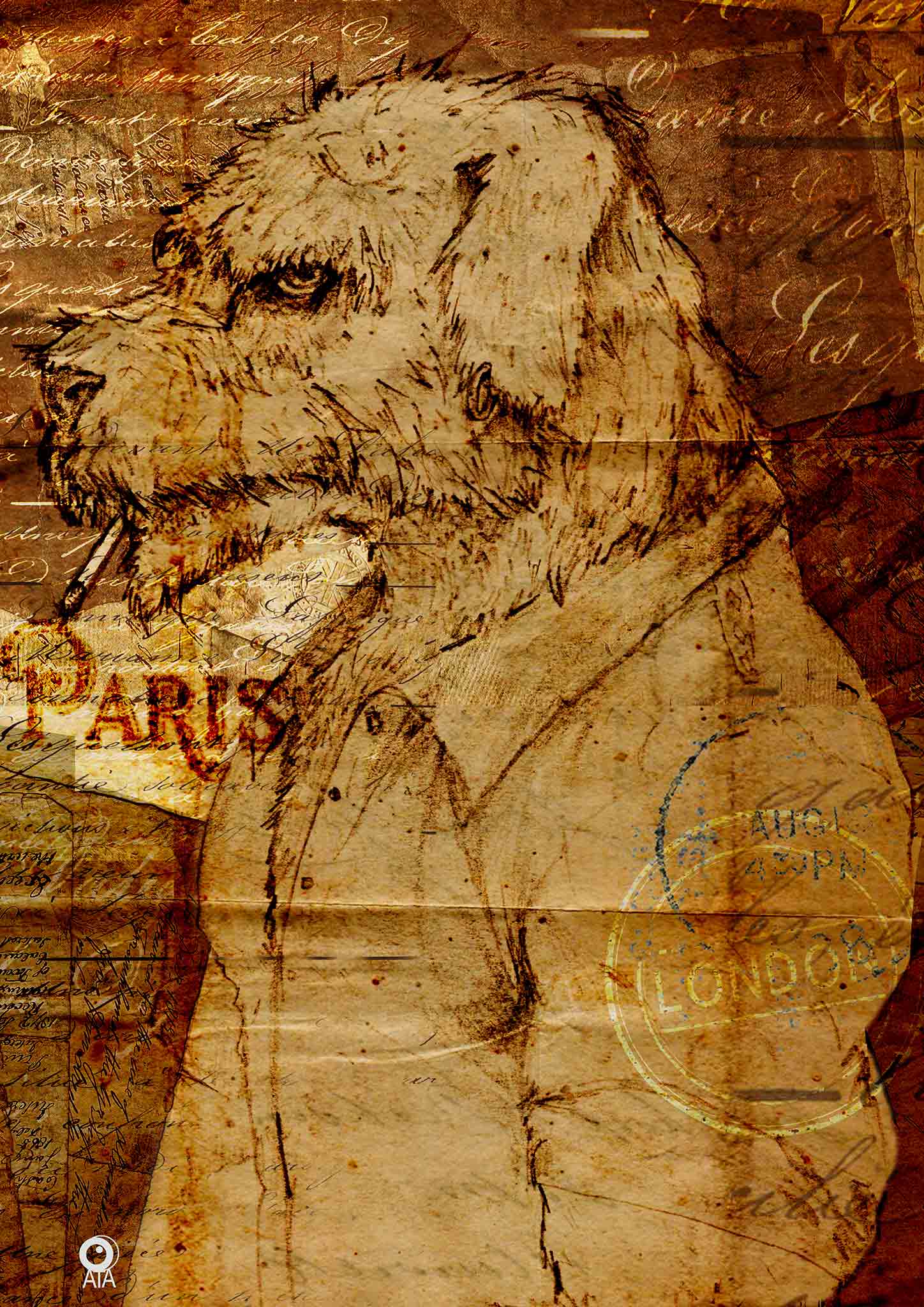 Artistic depiction of a dog's head on a textured brown background with 'Paris' and 'London' text. Desgn by ATADesigns
