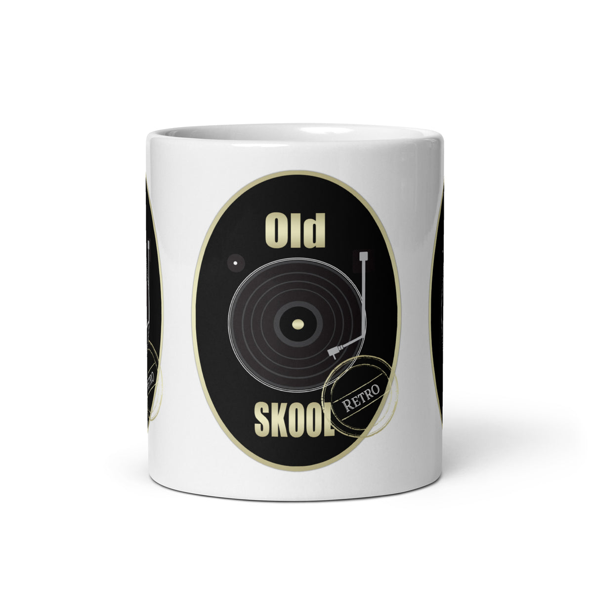 Front view of the Old Skool Black Design mug, showing a black record and tone arm with cream “Old Skool” lettering.