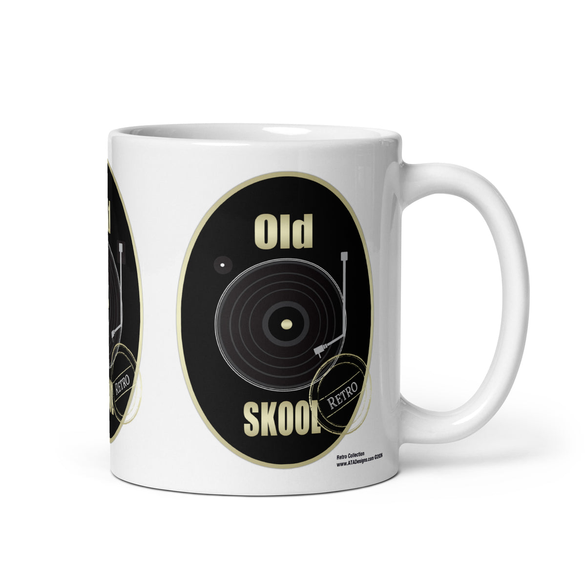 White Old Skool mug with a black vinyl record, black oval background and cream lettering, handle on the right.
