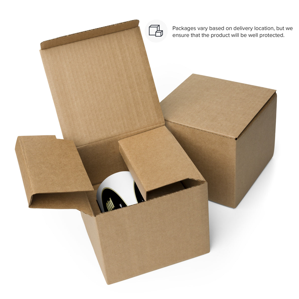 Old Skool Black Design mug in a cardboard box beside a closed box. Packaging varies by delivery location.