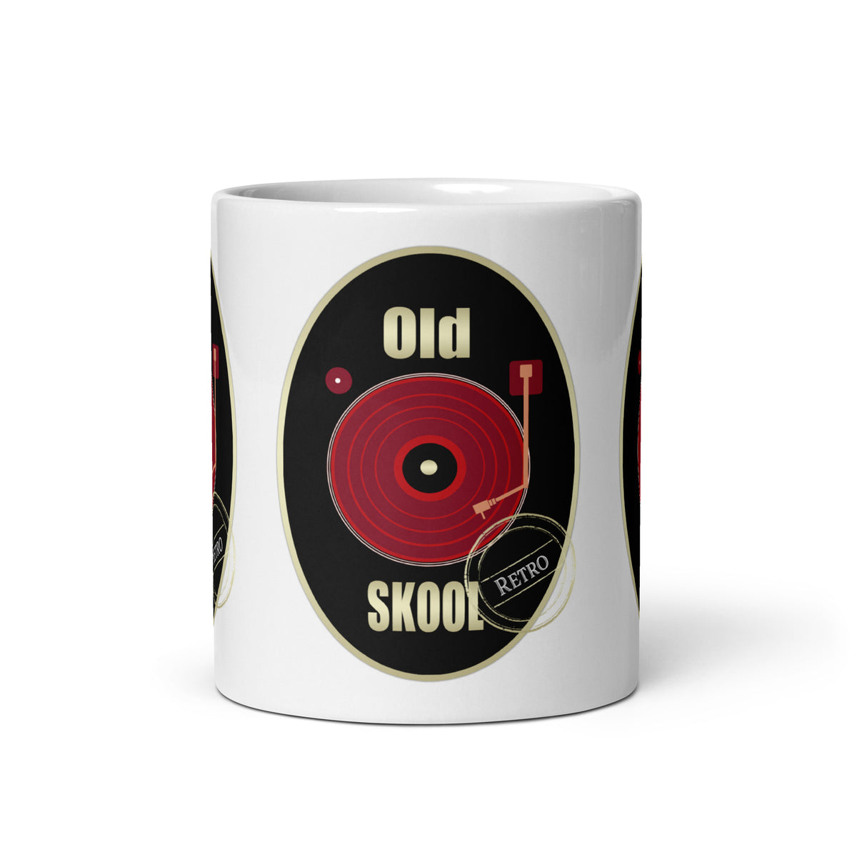 Front view of the Old Skool Red Design mug, showing a red record and tone arm with cream “Old Skool” lettering on black.