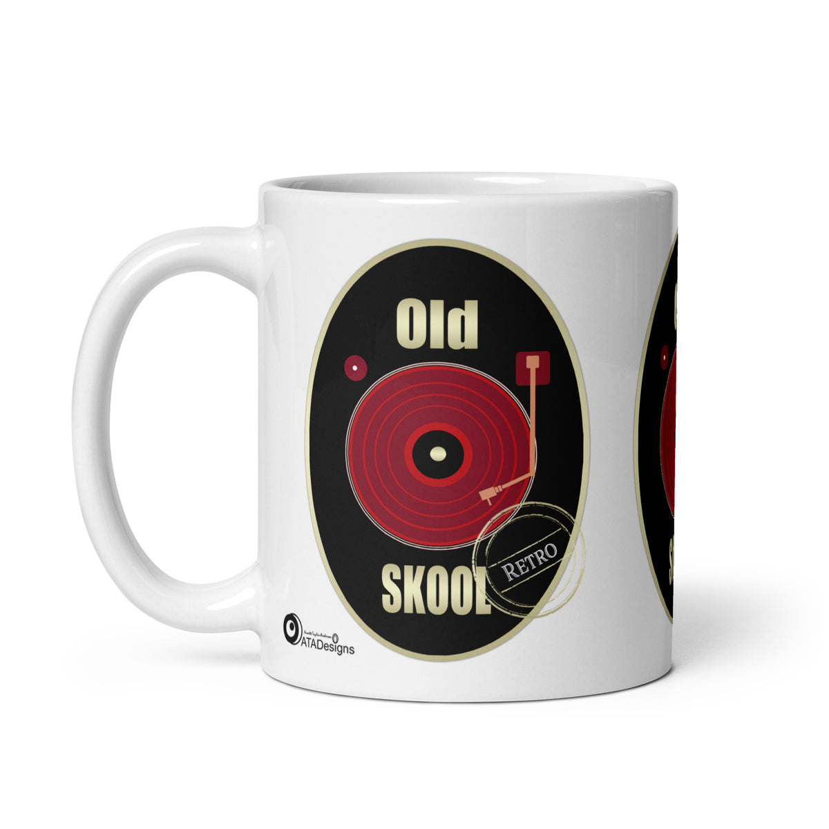 White Old Skool mug with a red vinyl record, black oval background and cream lettering, handle on the left.