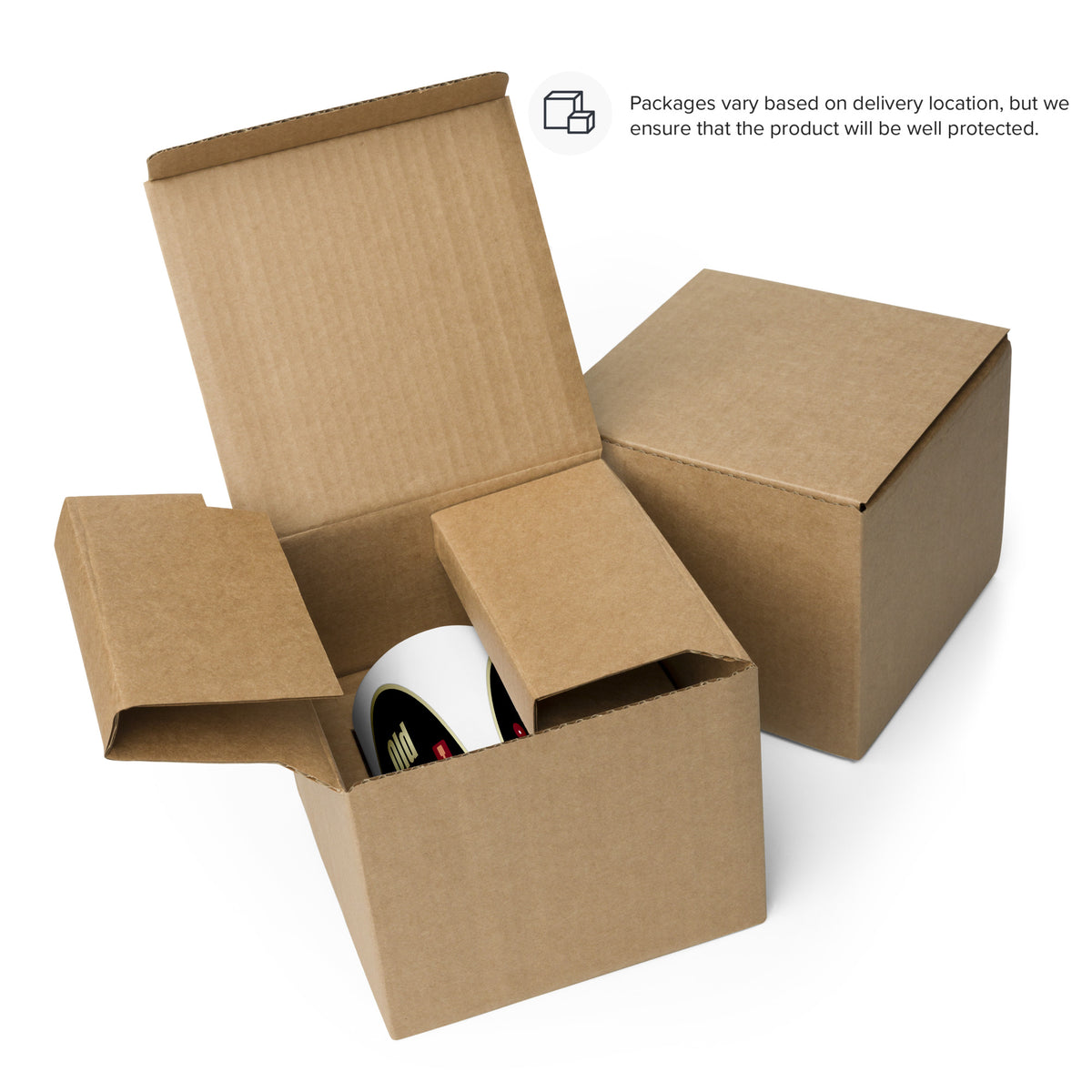 Old Skool Red Design mug in a cardboard box beside a closed box. Packaging varies by delivery location.