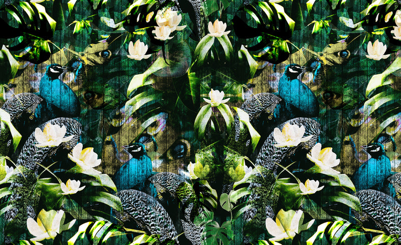 Peacocks Glam wallpaper design by ATADesigns.  Featuring blue peackocks among leaves and flowers in repeat on nature green background.