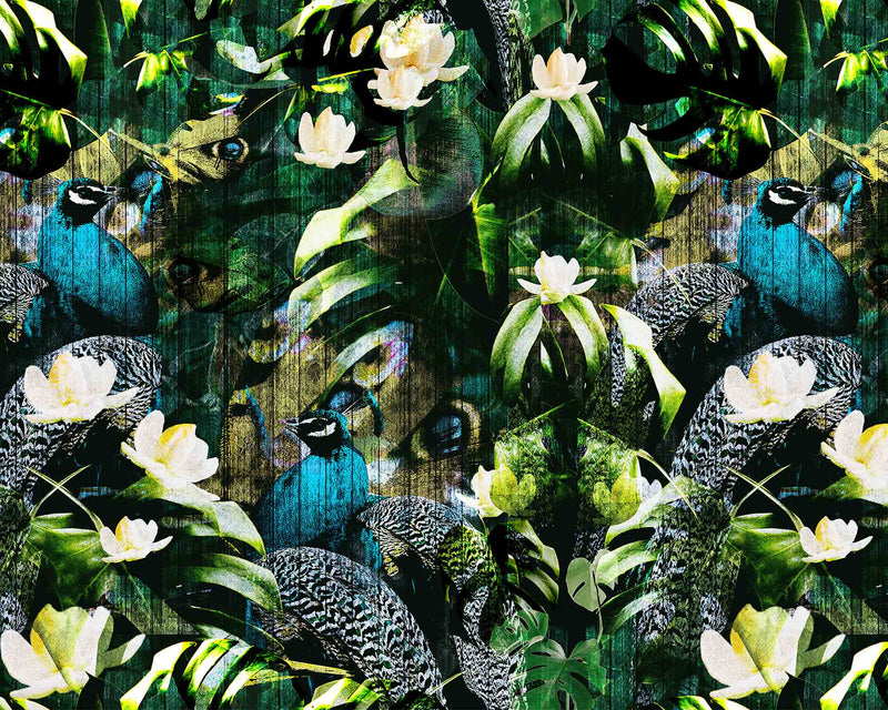 Pattern of blue birds, green leaves, and white flowers on a dark background. A wallpaper design by ATADesigns.