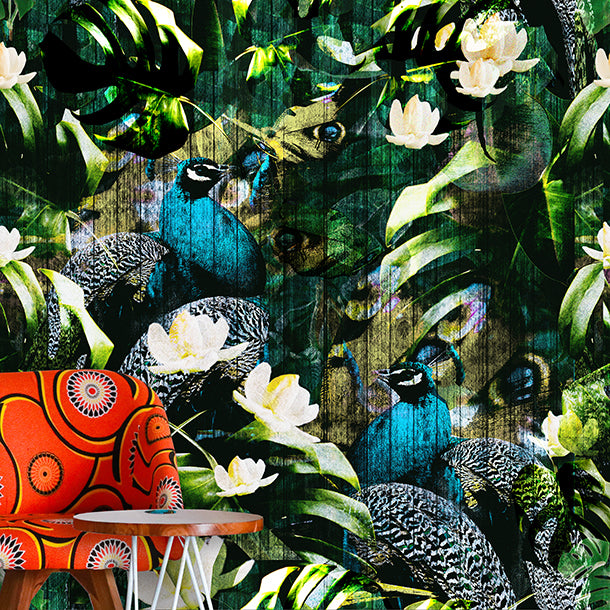 two peacocks in teal colour sitting among large tropical trees. Mural design by AtADesigns.