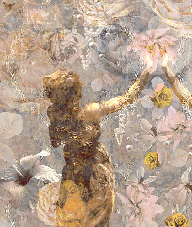 Pearlescent Ladies wallpaper mural design by ATADesigns. A large-scale wallpaper mural featuring a symmetrical, mirrored design of two classical female figures in gold and brown garments, surrounded by soft pastel pink, grey, golden-yellow and white floral motifs.