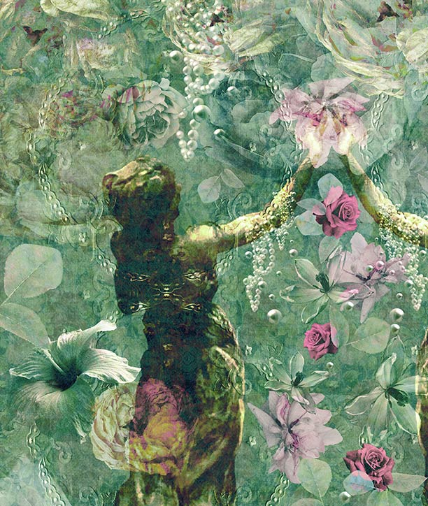 Pearlescent Ladies wallpaper mural design by ATADesigns. A surreal floral artwork featuring a dark green-essence statue-like figure reaching toward pink flowers and white pearl-like strands over a textured green-essence background with layered botanical elements.