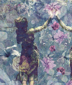 Pearlescent Ladies Mural — romantic wall mural featuring mirrored classical female figures adorned with jewels amongst cascading roses, peonies, pearl strands and exotic birds on a soft vintage floral background.  The colour are vintage-blue, purple, pink, white linen and greys by ATADesigns