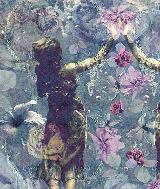 Pearlescent Ladies Mural — romantic wall mural featuring mirrored classical female figures adorned with jewels amongst cascading roses, peonies, pearl strands and exotic birds on a soft vintage floral background.  The colour are vintage-blue, purple, pink, white linen and greys by ATADesigns