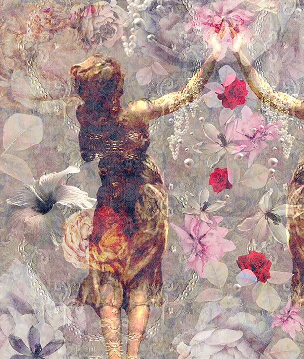 Pearlescent Ladies wallpaper mural by ATADesigns. A vintage-style floral art print featuring a central figure in a dark dress surrounded by warm-buff, pink, red, and white flowers on a soft grey background.