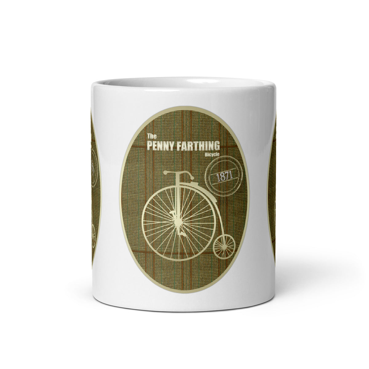Front view of the Penny Farthing mug, showing a cream bicycle, “The Penny Farthing” lettering and an “1871” stamp.