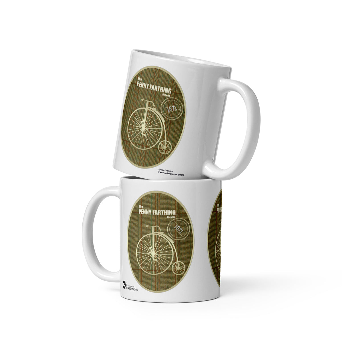 Two stacked white Penny Farthing mugs by ATADesigns, showing cream bicycle illustrations on olive-brown checked backgrounds.