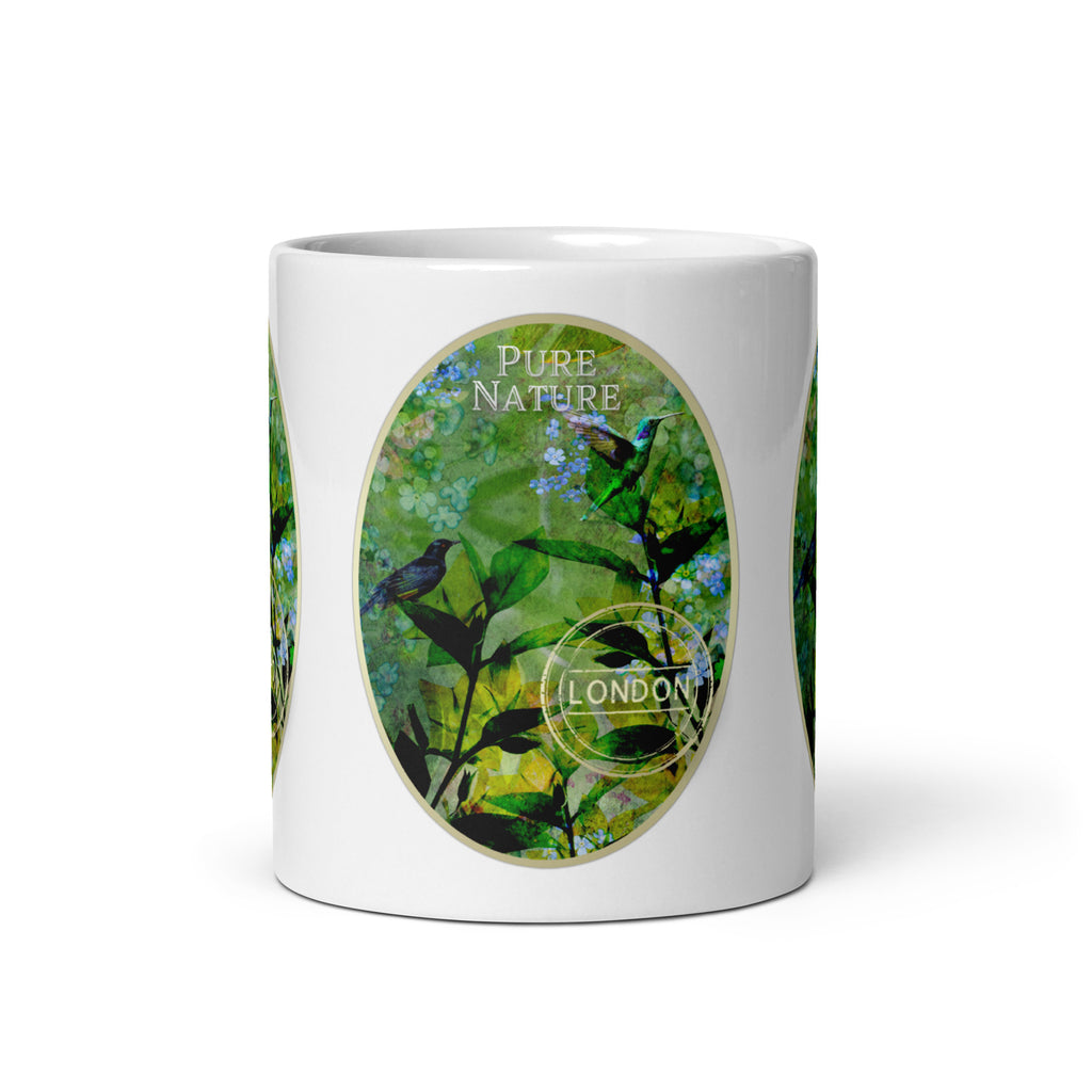 Front view of the Pure Nature mug, showing birds among green foliage and blue flowers.