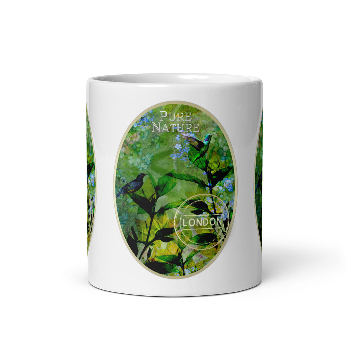 Front view of the Pure Nature mug, showing birds among green foliage and blue flowers.