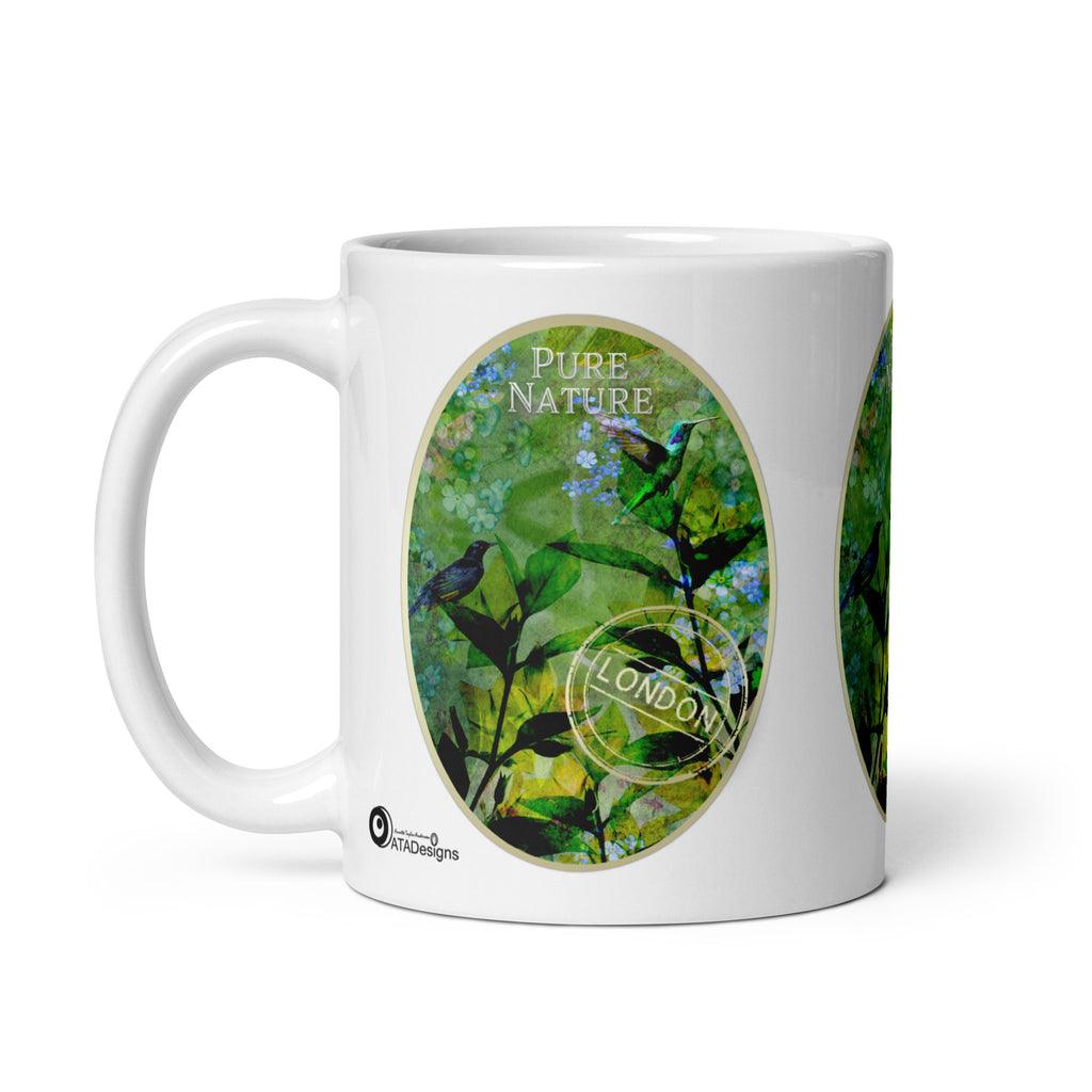  Pure Nature mug by ATADesigns with birds, green foliage and blue flowers, handle on the left.