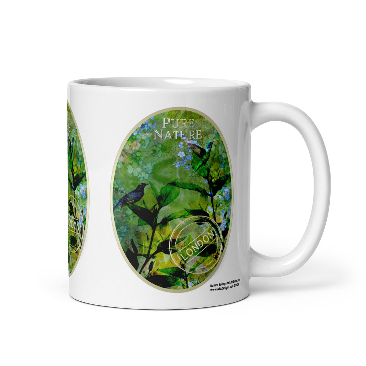 Pure Nature mug by ATADesigns with birds, green foliage and blue flowers, handle on the right.