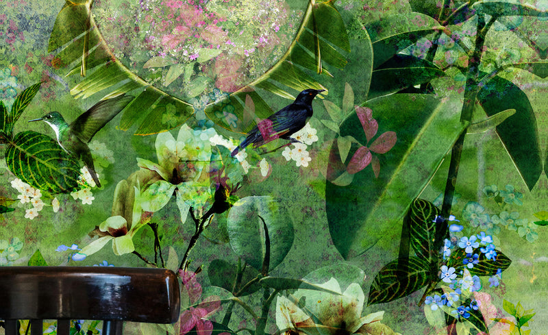 Pure Nature mural design by ATADesigns featuring large green tropical leaves, flowers and birds on nature green background