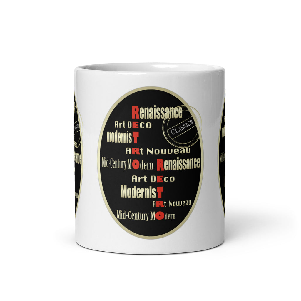 Front view of the Retro Ensemble mug with Art Deco, Art Nouveau and other art-style names in cream and red on black.