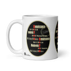 Retro Ensemble mug with cream art-style lettering and red letters spelling “Retro” on a black oval, handle on the left.
