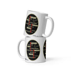 Two stacked Retro Ensemble mugs by ATADesigns, showing cream and red art-style lettering on black oval backgrounds.