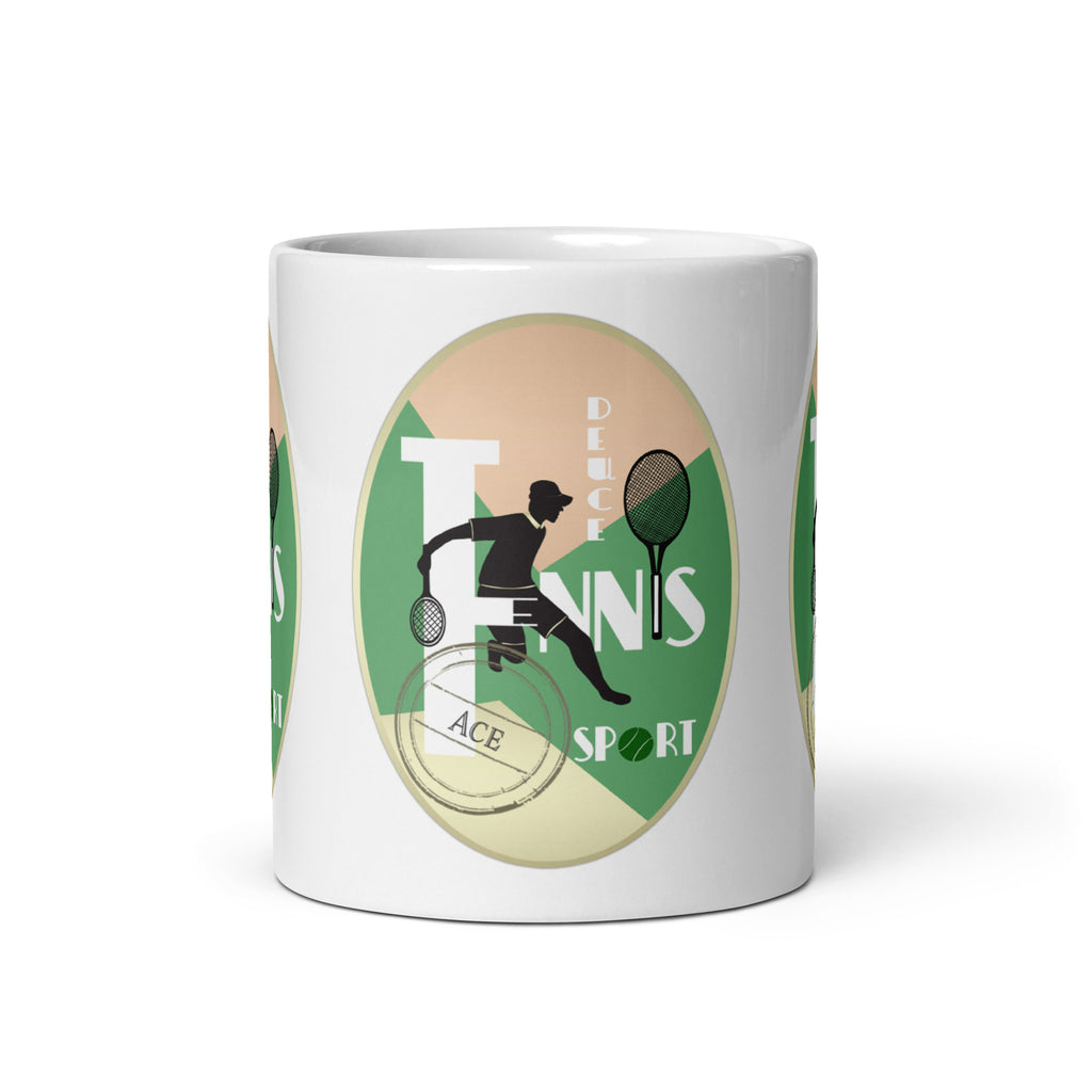 Front view of the Tennis Deuce mug, showing a tennis-player silhouette, rackets and “Tennis”, “Deuce” and “Ace” lettering.