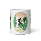 Front view of the Tennis Deuce mug, showing a tennis-player silhouette, rackets and “Tennis”, “Deuce” and “Ace” lettering.
