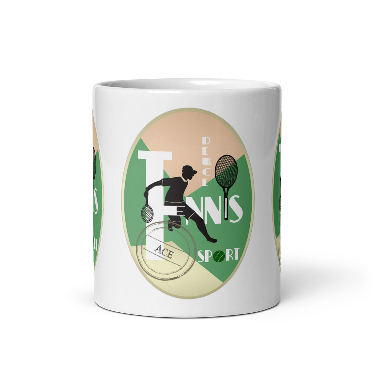 Front view of the Tennis Deuce mug, showing a tennis-player silhouette, rackets and “Tennis”, “Deuce” and “Ace” lettering.