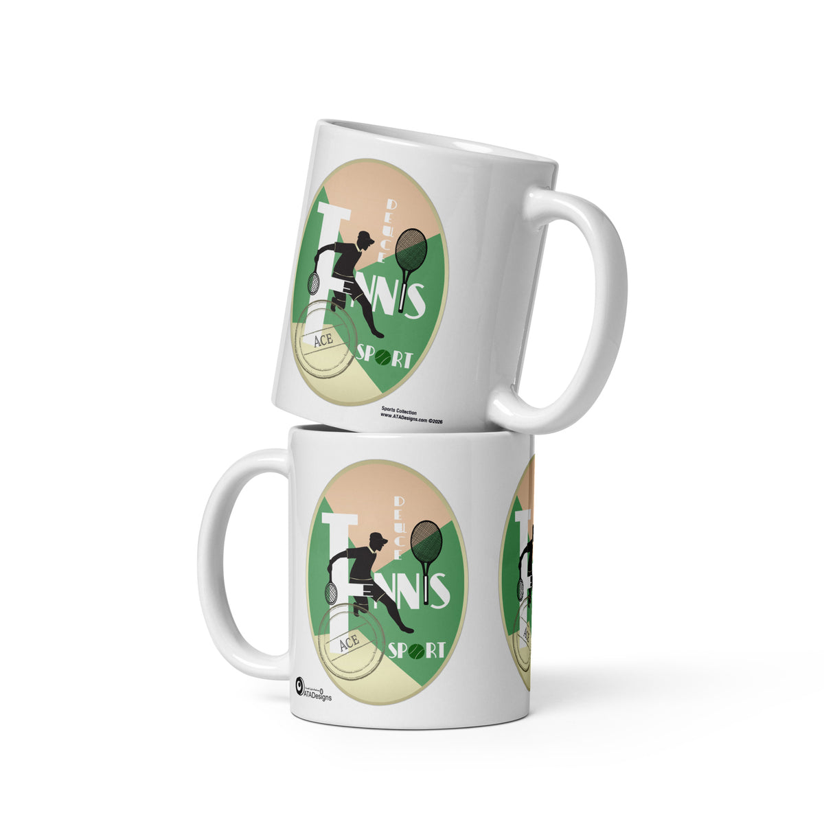 Two stacked white Tennis Deuce mugs by ATADesigns, showing tennis-player silhouettes and rackets on green backgrounds.