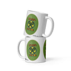 Two stacked white Tennis Season mugs by ATADesigns, showing crossed rackets and yellow tennis balls on green backgrounds.