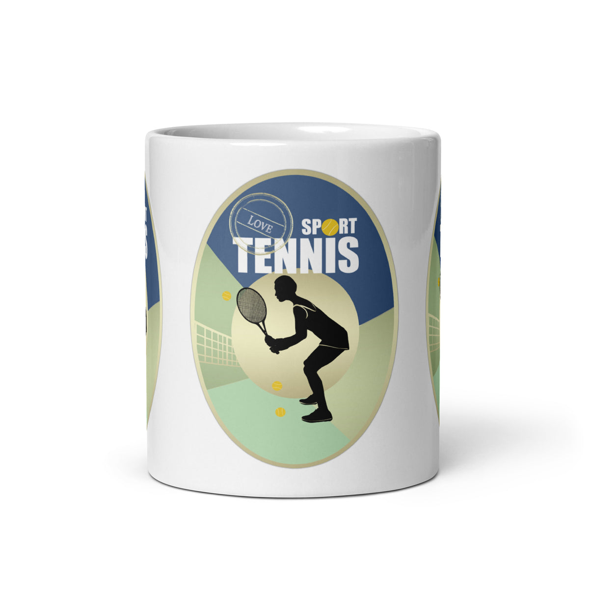 Front view of the Tennis Sport mug, showing a black tennis-player silhouette, racket and net beneath “Sport Tennis” lettering.