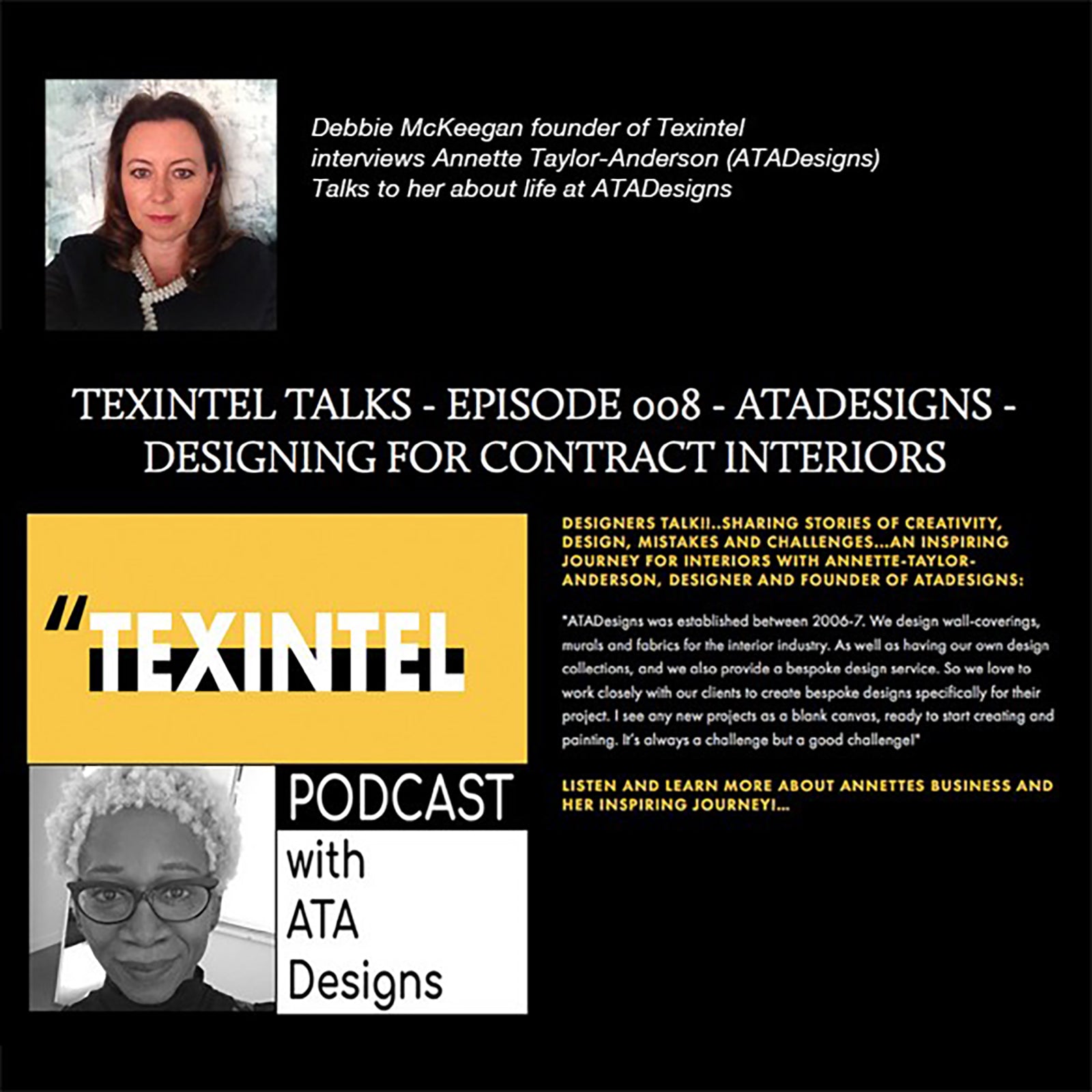 Poster featuring Debbie McKeegan and ATADesigns for Texintel Podcast