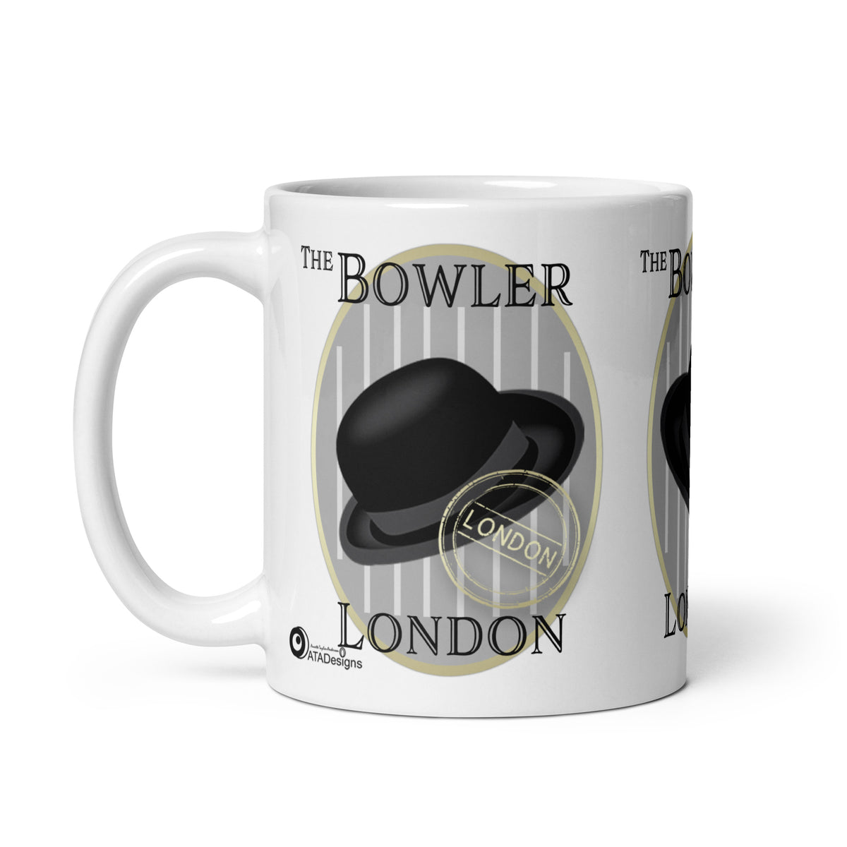 White The Bowler mug with a black bowler hat on grey and white stripes, London lettering and stamp, handle on the left.