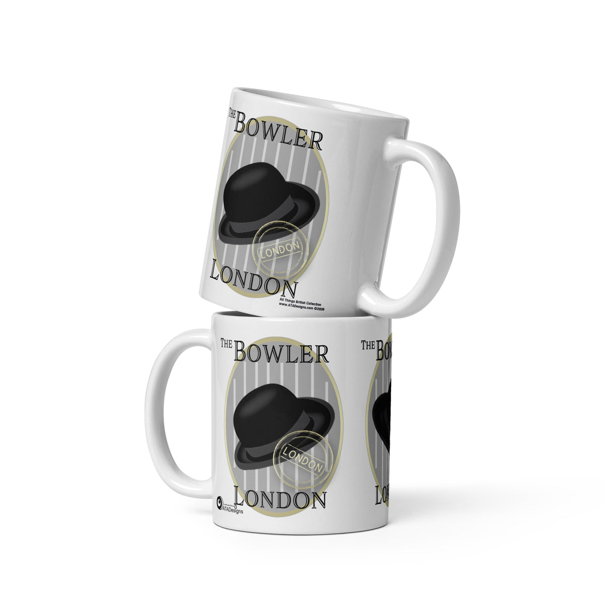 Two stacked white The Bowler mugs by ATADesigns, showing black bowler hats on grey and white striped backgrounds.