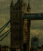 A textured, grainy mural close up depicting Tower Bridge in London, featuring the dark brown stone tower and blue suspension cables against a muted, sepia-toned sky. Mural design by ATADesigns.