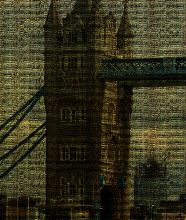A textured, grainy mural close up depicting Tower Bridge in London, featuring the dark brown stone tower and blue suspension cables against a muted, sepia-toned sky. Mural design by ATADesigns.